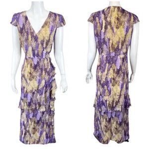 Haute Hippie Tribe Printed Ruffle Dress Purple Feathers  XXS